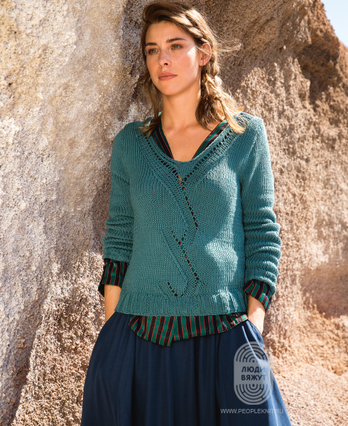 Пуловер с V-образным вырезом и ажурным узором в центре, схема вязания на сайте Люди Вяжут